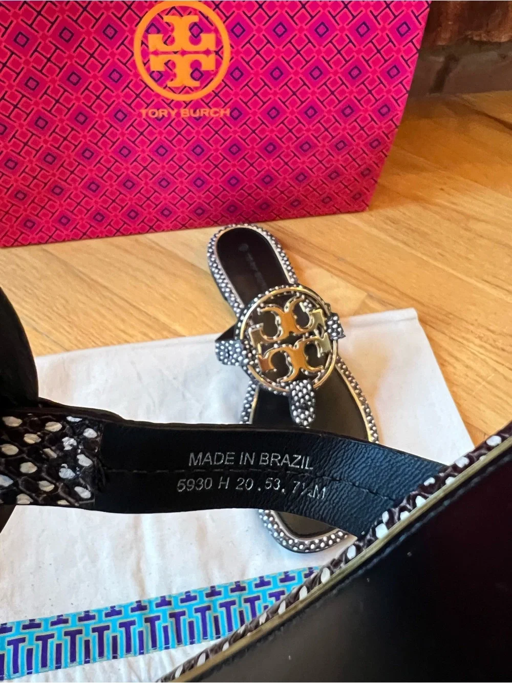 Tory Burch Black & White Leather Embossed Spotted Snake Metal Miller Sandals